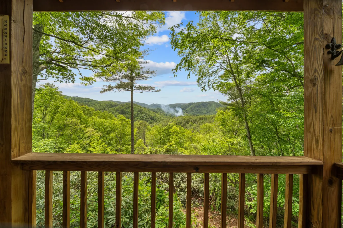 A sweeping view of lush green trees, rolling hills, distant mountains, and a tranquil blue sky. The landscape suggests access to hiking, birdwatching, and exploration in every season, offering a sense of the High Country's natural beauty.